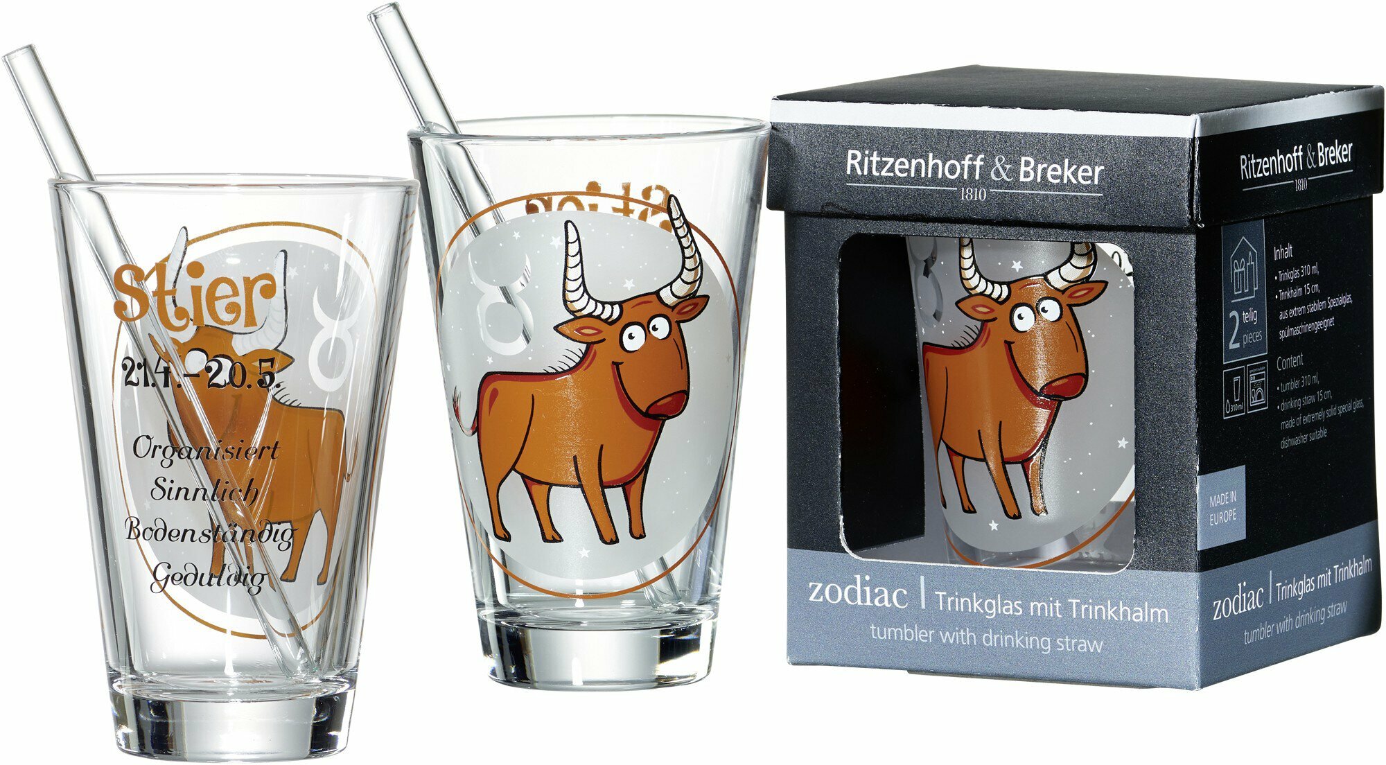 Trinkglas 2-tlg, Zodiac Stier